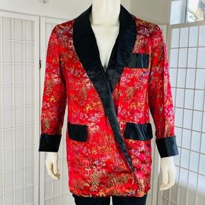 NWT, Vintage Mens Black/Red Silk Asian Smoking Jacket, L.